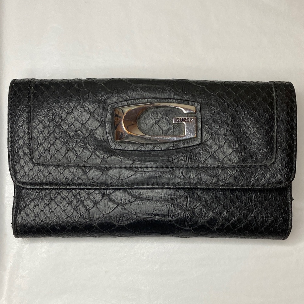 Guess Y2K McBling Black Faux Croc Wallet G Logo Snap Clutch 7.5”X 4”